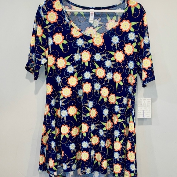LuLaRoe Tops - LuLaRoe Blue and Yellow Floral Short Sleeve Perfect T Top Women’s Size L NWT